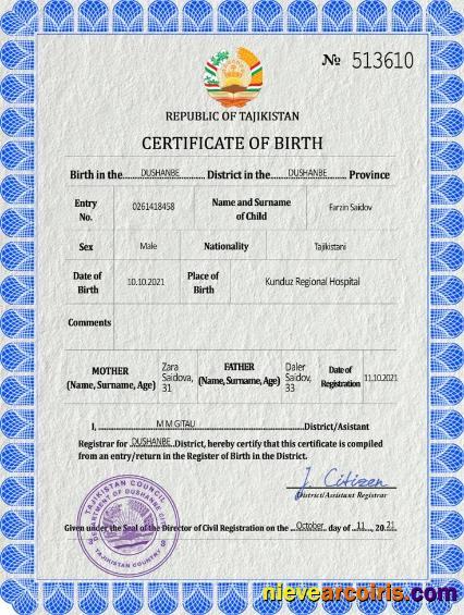 Tajikistan vital record birth certificate